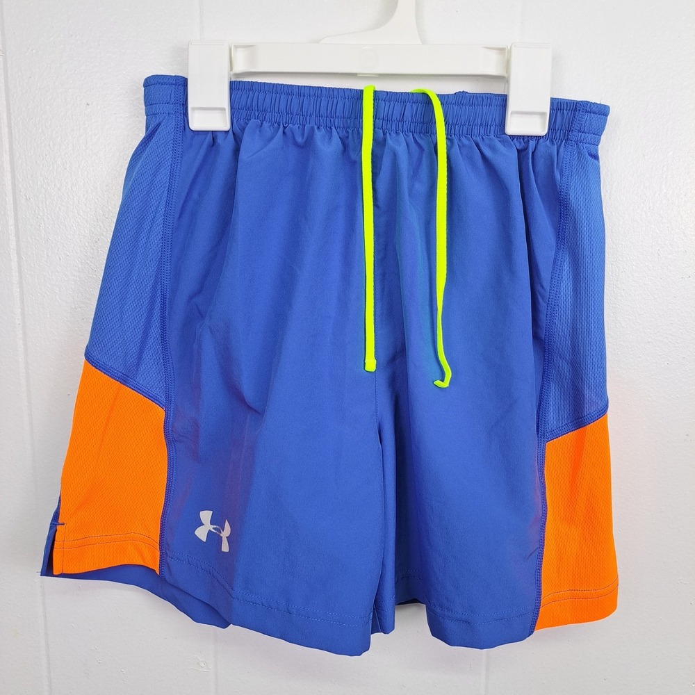 Under Armour Girls HeatGear Shorts Youth S Blue Orange Athletic Logo Flaw